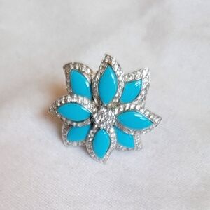 Designer Sterling Silver Faux Turquoise Crystal Flower Ring Stamped 925 Sz 7